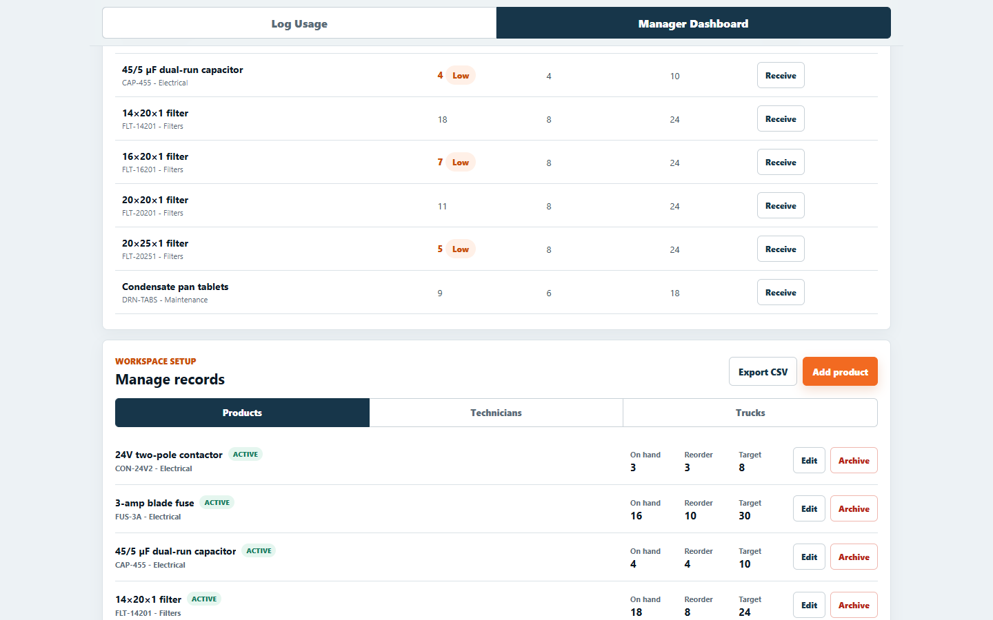 HVAC Stock Pulse fictional manager workspace showing inventory administration and CSV export