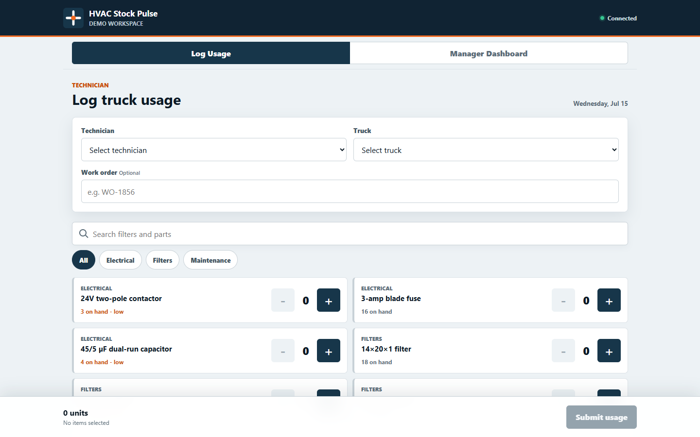 HVAC Stock Pulse fictional technician screen for selecting a technician, truck, work order, and inventory usage